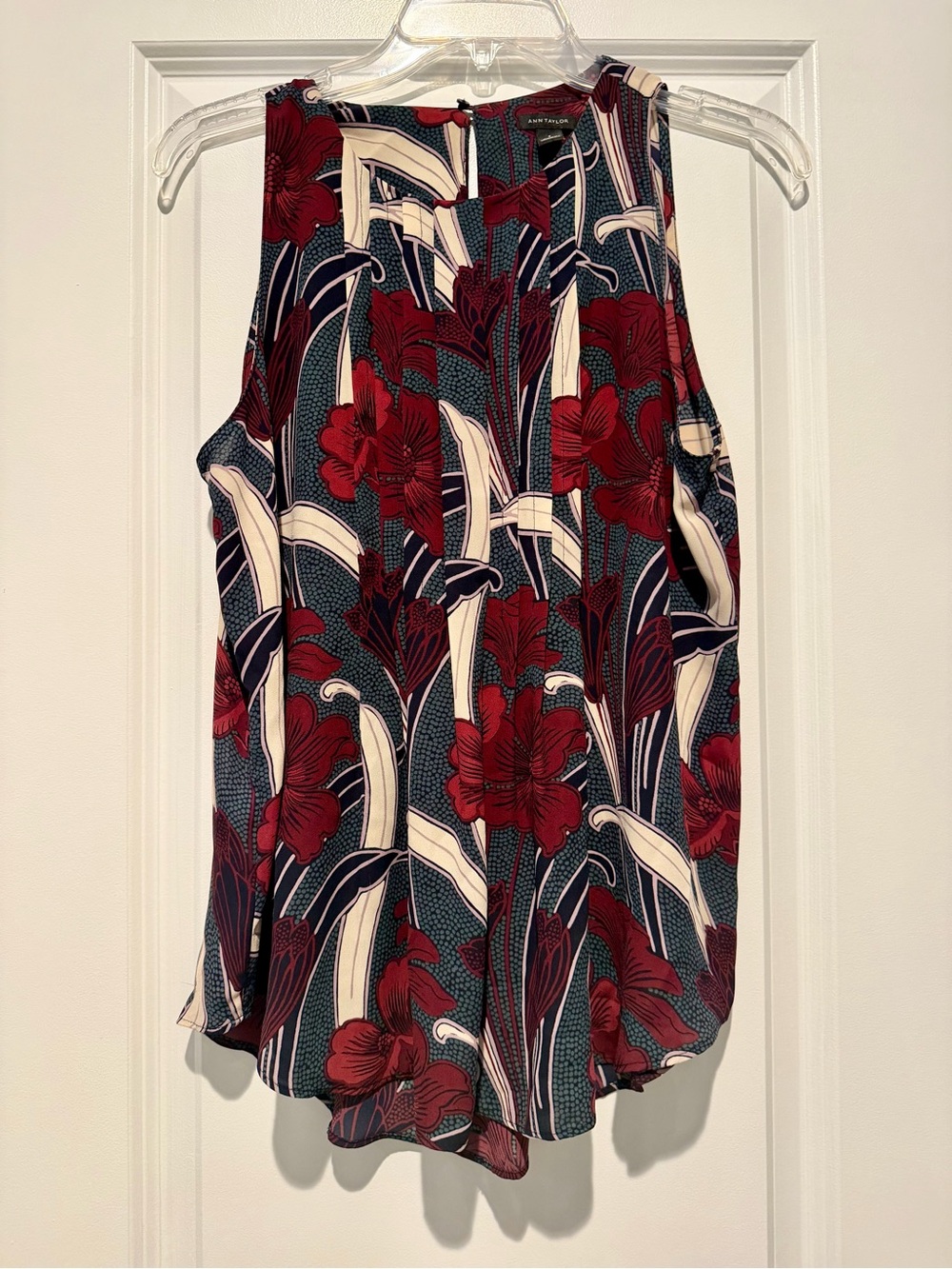 Ann Taylor Red Floral Sleeveless Camisole with Navy and Cream Accents